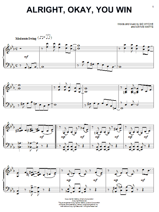 Preview Peggy Lee Alright, Okay, You Win Jazz sheet music, notes and chords for Piano, SKU: 21512 sheet music, piano notes, chords, guitar tabs, score, transpose, transcribe, how to play, guide, download, learn, tutorial, progression, song, artist, awards, billboard, mtv, vh1, tour, single, album, release