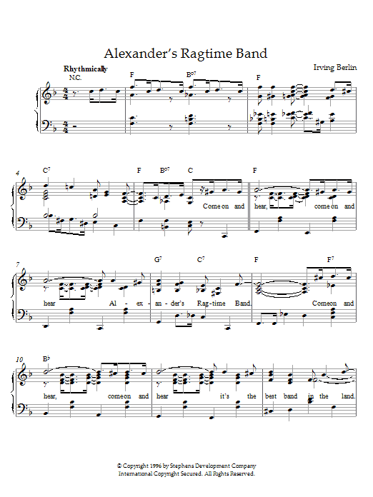 Preview Irving Berlin Alexander's Ragtime Band Film and TV sheet music, notes and chords for Piano, SKU: 21530 sheet music, piano notes, chords, guitar tabs, score, transpose, transcribe, how to play, guide, download, learn, tutorial, progression, song, artist, awards, billboard, mtv, vh1, tour, single, album, release