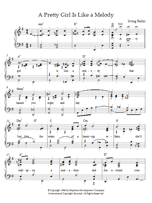 Preview Irving Berlin A Pretty Girl Is Like A Melody Pop sheet music, notes and chords for Piano, SKU: 21531 sheet music, piano notes, chords, guitar tabs, score, transpose, transcribe, how to play, guide, download, learn, tutorial, progression, song, artist, awards, billboard, mtv, vh1, tour, single, album, release