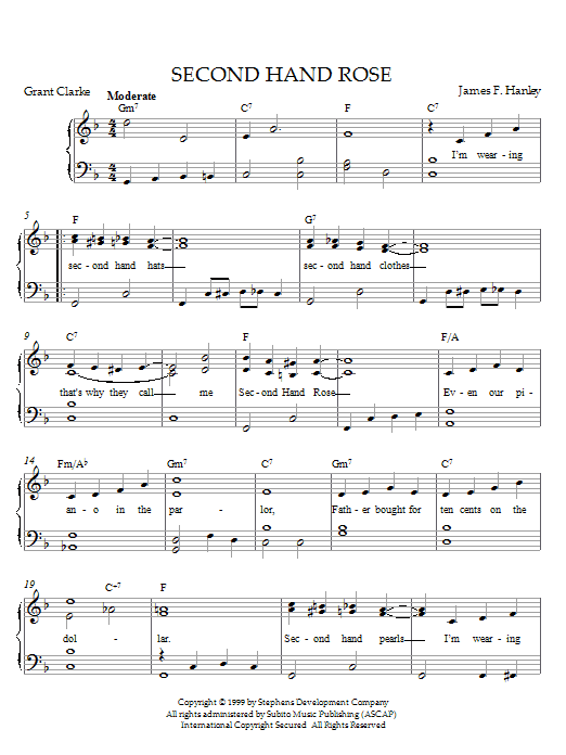 Preview James F. Hanley Second Hand Rose (from Second Avenue) Musicals sheet music, notes and chords for Piano, SKU: 21550 sheet music, piano notes, chords, guitar tabs, score, transpose, transcribe, how to play, guide, download, learn, tutorial, progression, song, artist, awards, billboard, mtv, vh1, tour, single, album, release