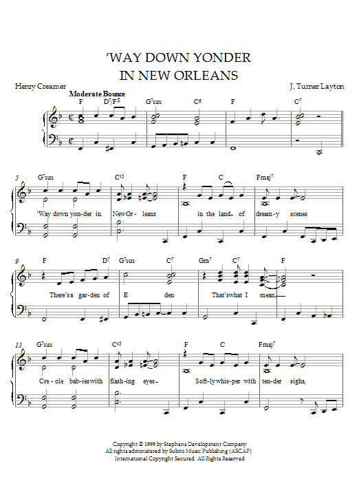 Preview Louis Armstrong Way Down Yonder In New Orleans Pop sheet music, notes and chords for Piano, SKU: 21556 sheet music, piano notes, chords, guitar tabs, score, transpose, transcribe, how to play, guide, download, learn, tutorial, progression, song, artist, awards, billboard, mtv, vh1, tour, single, album, release