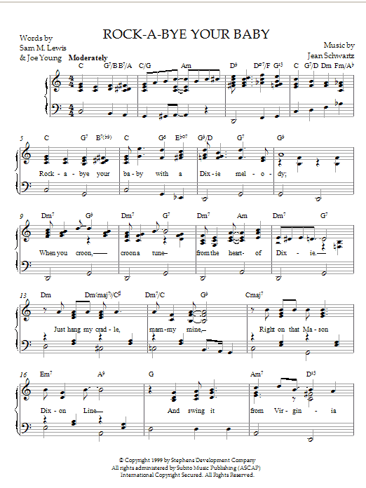 Preview Jean Schwartz Rock-A-Bye Your Baby With A Dixie Melody Pop sheet music, notes and chords for Piano, SKU: 21566 sheet music, piano notes, chords, guitar tabs, score, transpose, transcribe, how to play, guide, download, learn, tutorial, progression, song, artist, awards, billboard, mtv, vh1, tour, single, album, release