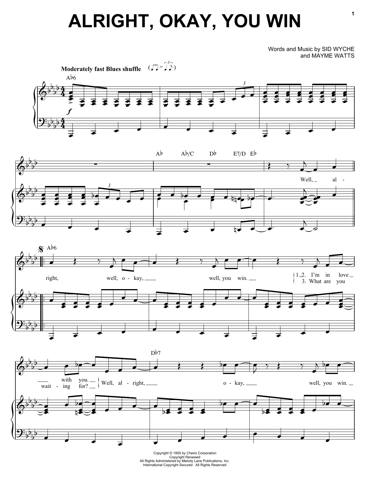 Preview Peggy Lee Alright, Okay, You Win Jazz sheet music, notes and chords for Piano, Vocal & Guitar (Right-Hand Melody), SKU: 21571 sheet music, piano notes, chords, guitar tabs, score, transpose, transcribe, how to play, guide, download, learn, tutorial, progression, song, artist, awards, billboard, mtv, vh1, tour, single, album, release