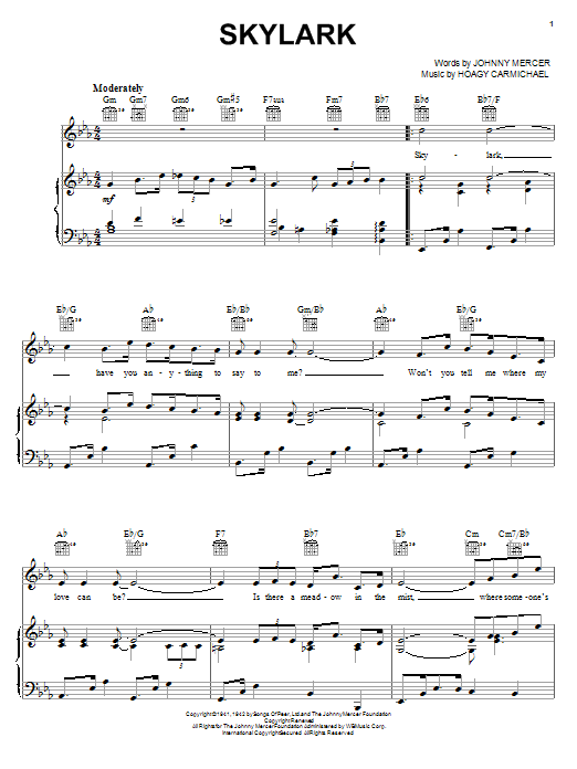 Preview Johnny Mercer Skylark Jazz sheet music, notes and chords for Piano, Vocal & Guitar (Right-Hand Melody), SKU: 21572 sheet music, piano notes, chords, guitar tabs, score, transpose, transcribe, how to play, guide, download, learn, tutorial, progression, song, artist, awards, billboard, mtv, vh1, tour, single, album, release
