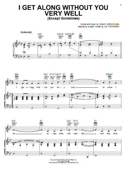 Preview Hoagy Carmichael I Get Along Without You Very Well (Except Sometimes) Jazz sheet music, notes and chords for Piano, Vocal & Guitar (Right-Hand Melody), SKU: 21586 sheet music, piano notes, chords, guitar tabs, score, transpose, transcribe, how to play, guide, download, learn, tutorial, progression, song, artist, awards, billboard, mtv, vh1, tour, single, album, release
