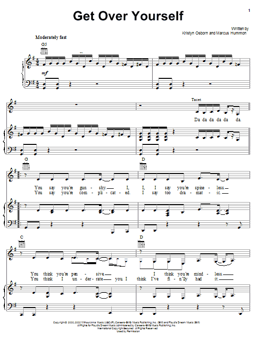 Preview SHeDAISY Get Over Yourself Country sheet music, notes and chords for Piano, Vocal & Guitar (Right-Hand Melody), SKU: 21608 sheet music, piano notes, chords, guitar tabs, score, transpose, transcribe, how to play, guide, download, learn, tutorial, progression, song, artist, awards, billboard, mtv, vh1, tour, single, album, release