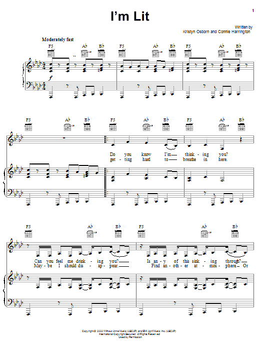 Preview SHeDAISY I'm Lit Country sheet music, notes and chords for Piano, Vocal & Guitar (Right-Hand Melody), SKU: 21609 sheet music, piano notes, chords, guitar tabs, score, transpose, transcribe, how to play, guide, download, learn, tutorial, progression, song, artist, awards, billboard, mtv, vh1, tour, single, album, release