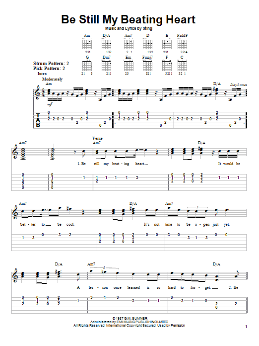 Preview Sting Be Still My Beating Heart Rock sheet music, notes and chords for Easy Guitar Tab, SKU: 21616 sheet music, piano notes, chords, guitar tabs, score, transpose, transcribe, how to play, guide, download, learn, tutorial, progression, song, artist, awards, billboard, mtv, vh1, tour, single, album, release