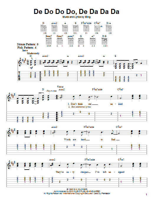 Preview The Police De Do Do Do, De Da Da Da Rock sheet music, notes and chords for Easy Guitar Tab, SKU: 21617 sheet music, piano notes, chords, guitar tabs, score, transpose, transcribe, how to play, guide, download, learn, tutorial, progression, song, artist, awards, billboard, mtv, vh1, tour, single, album, release
