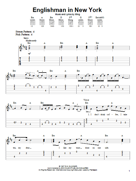 Preview Sting Englishman In New York Rock sheet music, notes and chords for Easy Guitar Tab, SKU: 21619 sheet music, piano notes, chords, guitar tabs, score, transpose, transcribe, how to play, guide, download, learn, tutorial, progression, song, artist, awards, billboard, mtv, vh1, tour, single, album, release