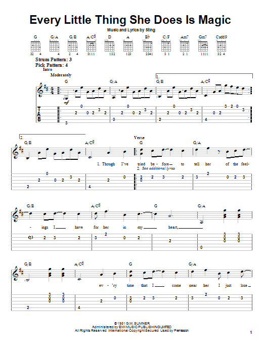 Preview The Police Every Little Thing She Does Is Magic Rock sheet music, notes and chords for Easy Guitar Tab, SKU: 21620 sheet music, piano notes, chords, guitar tabs, score, transpose, transcribe, how to play, guide, download, learn, tutorial, progression, song, artist, awards, billboard, mtv, vh1, tour, single, album, release