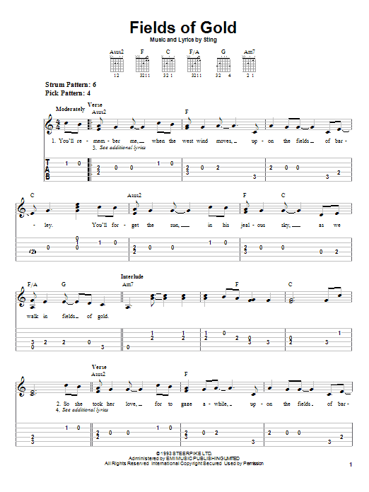 Preview Sting Fields Of Gold Rock sheet music, notes and chords for Easy Guitar Tab, SKU: 21621 sheet music, piano notes, chords, guitar tabs, score, transpose, transcribe, how to play, guide, download, learn, tutorial, progression, song, artist, awards, billboard, mtv, vh1, tour, single, album, release