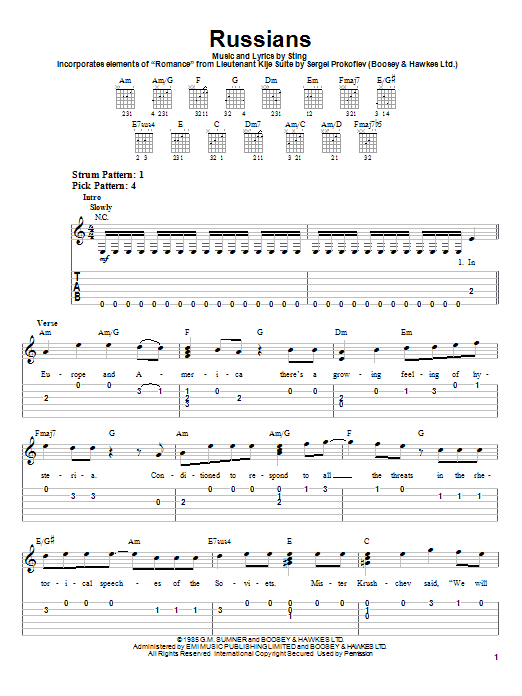 Preview Sting Russians Rock sheet music, notes and chords for Easy Guitar Tab, SKU: 21625 sheet music, piano notes, chords, guitar tabs, score, transpose, transcribe, how to play, guide, download, learn, tutorial, progression, song, artist, awards, billboard, mtv, vh1, tour, single, album, release