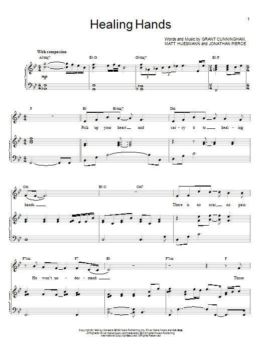 Preview Jonathan Pierce Healing Hands Religious sheet music, notes and chords for Piano, Vocal & Guitar (Right-Hand Melody), SKU: 21628 sheet music, piano notes, chords, guitar tabs, score, transpose, transcribe, how to play, guide, download, learn, tutorial, progression, song, artist, awards, billboard, mtv, vh1, tour, single, album, release