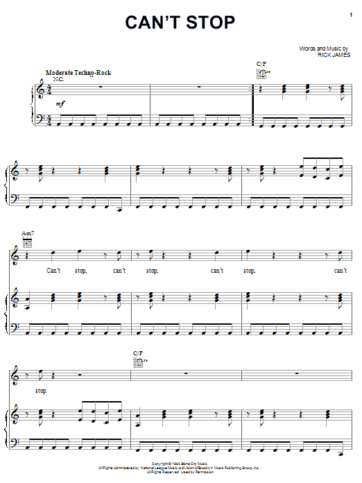 Preview Rick James Can't Stop Pop sheet music, notes and chords for Piano, Vocal & Guitar (Right-Hand Melody), SKU: 21633 sheet music, piano notes, chords, guitar tabs, score, transpose, transcribe, how to play, guide, download, learn, tutorial, progression, song, artist, awards, billboard, mtv, vh1, tour, single, album, release