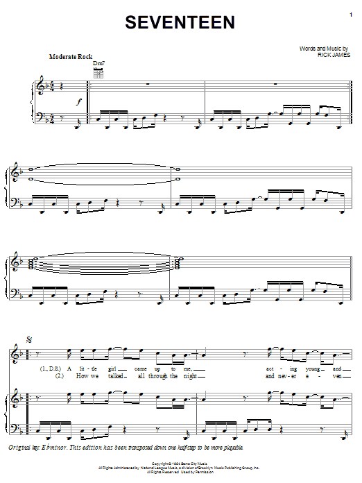 Preview Rick James Seventeen Pop sheet music, notes and chords for Piano, Vocal & Guitar (Right-Hand Melody), SKU: 21634 sheet music, piano notes, chords, guitar tabs, score, transpose, transcribe, how to play, guide, download, learn, tutorial, progression, song, artist, awards, billboard, mtv, vh1, tour, single, album, release