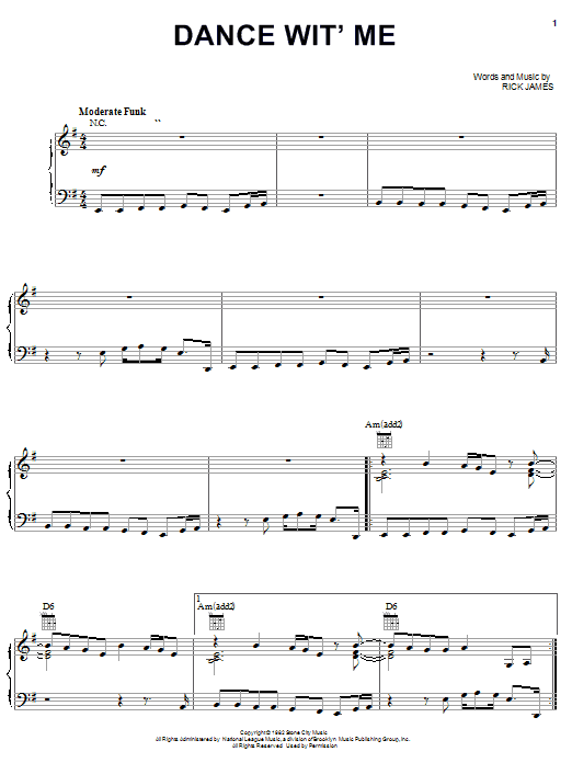 Preview Rick James Dance Wit' Me Pop sheet music, notes and chords for Piano, Vocal & Guitar (Right-Hand Melody), SKU: 21636 sheet music, piano notes, chords, guitar tabs, score, transpose, transcribe, how to play, guide, download, learn, tutorial, progression, song, artist, awards, billboard, mtv, vh1, tour, single, album, release