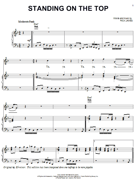 Preview Rick James Standing On The Top Pop sheet music, notes and chords for Piano, Vocal & Guitar (Right-Hand Melody), SKU: 21637 sheet music, piano notes, chords, guitar tabs, score, transpose, transcribe, how to play, guide, download, learn, tutorial, progression, song, artist, awards, billboard, mtv, vh1, tour, single, album, release