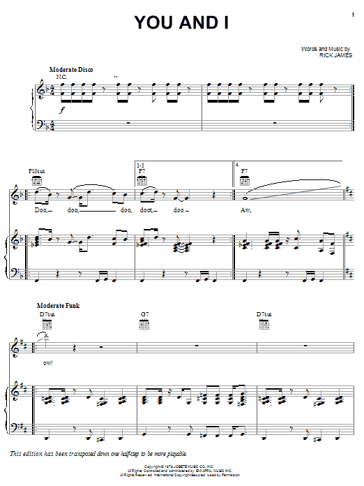 Preview Rick James You And I Pop sheet music, notes and chords for Piano, Vocal & Guitar (Right-Hand Melody), SKU: 21639 sheet music, piano notes, chords, guitar tabs, score, transpose, transcribe, how to play, guide, download, learn, tutorial, progression, song, artist, awards, billboard, mtv, vh1, tour, single, album, release
