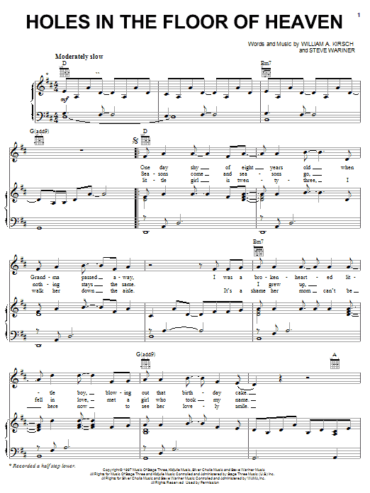 Preview Steve Wariner Holes In The Floor Of Heaven Country sheet music, notes and chords for Piano, Vocal & Guitar (Right-Hand Melody), SKU: 21647 sheet music, piano notes, chords, guitar tabs, score, transpose, transcribe, how to play, guide, download, learn, tutorial, progression, song, artist, awards, billboard, mtv, vh1, tour, single, album, release