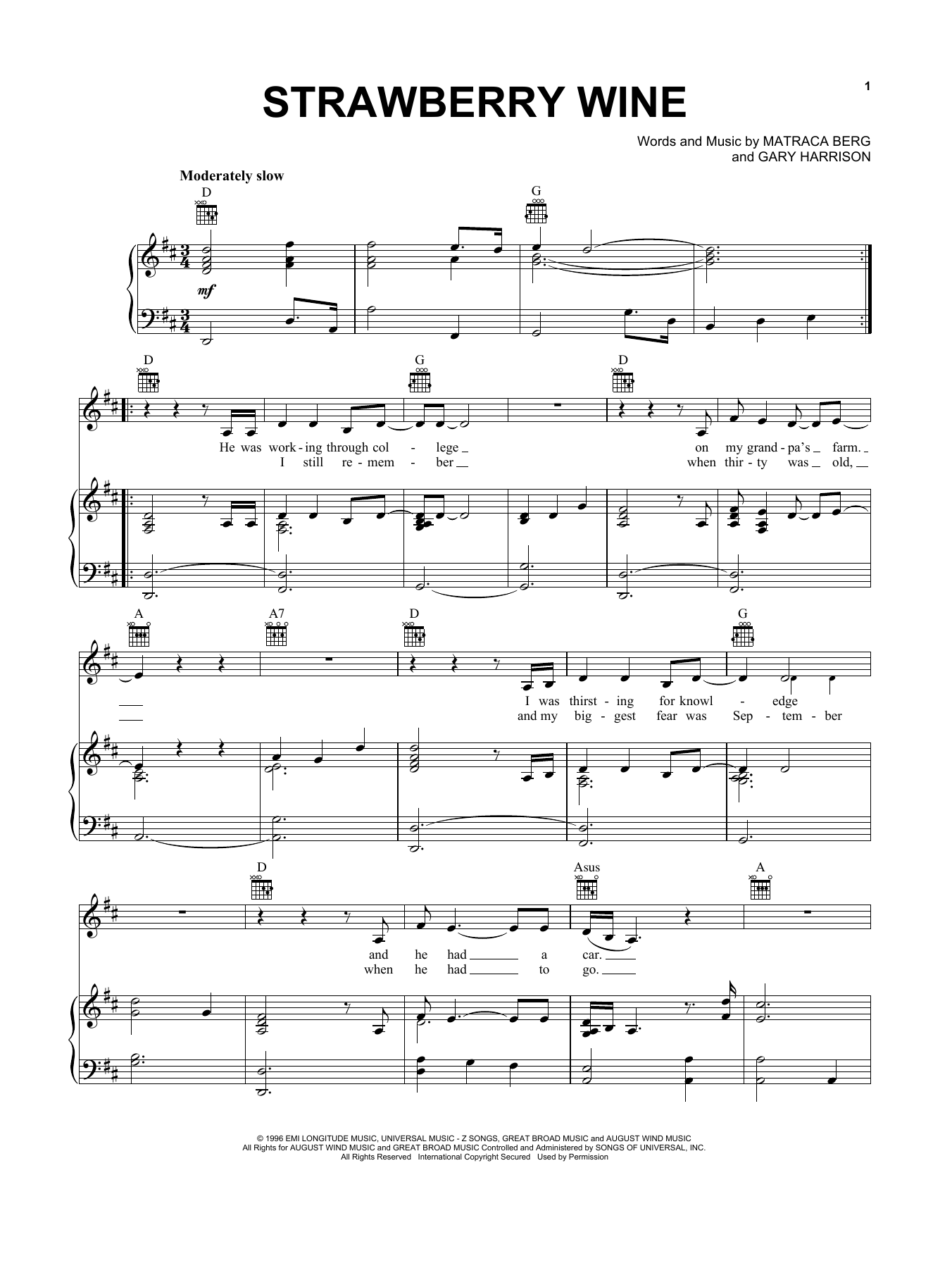 Preview Deana Carter Strawberry Wine Country sheet music, notes and chords for Piano, Vocal & Guitar (Right-Hand Melody), SKU: 21648 sheet music, piano notes, chords, guitar tabs, score, transpose, transcribe, how to play, guide, download, learn, tutorial, progression, song, artist, awards, billboard, mtv, vh1, tour, single, album, release