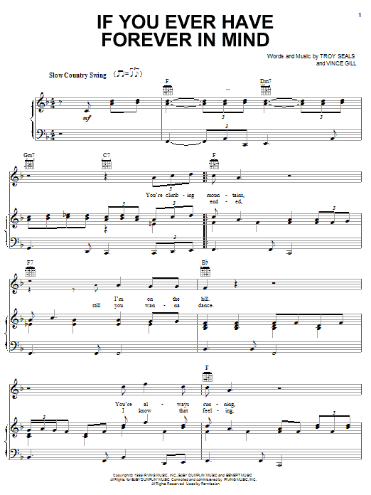 Preview Vince Gill If You Ever Have Forever In Mind Country sheet music, notes and chords for Piano, Vocal & Guitar (Right-Hand Melody), SKU: 21649 sheet music, piano notes, chords, guitar tabs, score, transpose, transcribe, how to play, guide, download, learn, tutorial, progression, song, artist, awards, billboard, mtv, vh1, tour, single, album, release