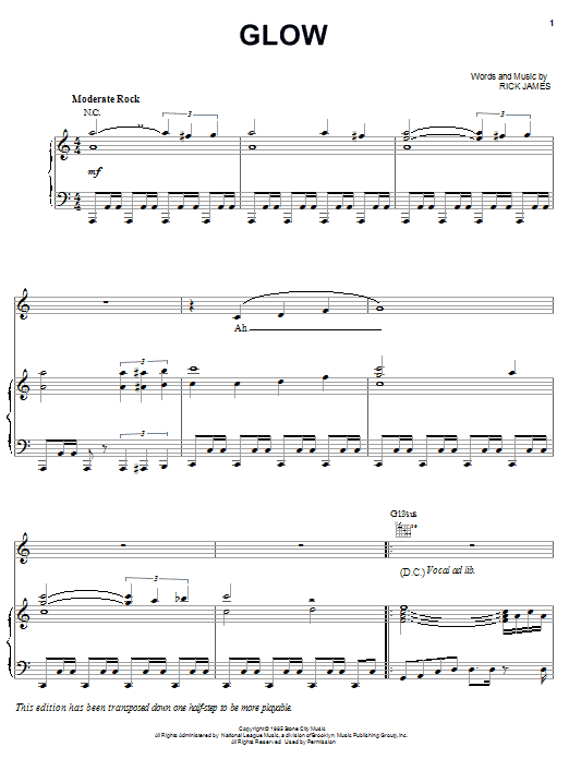 Preview Rick James Glow Pop sheet music, notes and chords for Piano, Vocal & Guitar (Right-Hand Melody), SKU: 21655 sheet music, piano notes, chords, guitar tabs, score, transpose, transcribe, how to play, guide, download, learn, tutorial, progression, song, artist, awards, billboard, mtv, vh1, tour, single, album, release