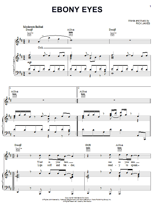 Preview Rick James Ebony Eyes Pop sheet music, notes and chords for Piano, Vocal & Guitar (Right-Hand Melody), SKU: 21658 sheet music, piano notes, chords, guitar tabs, score, transpose, transcribe, how to play, guide, download, learn, tutorial, progression, song, artist, awards, billboard, mtv, vh1, tour, single, album, release