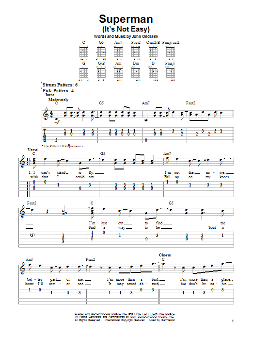 Preview Five For Fighting Superman (It's Not Easy) Rock sheet music, notes and chords for Easy Guitar, SKU: 21660 sheet music, piano notes, chords, guitar tabs, score, transpose, transcribe, how to play, guide, download, learn, tutorial, progression, song, artist, awards, billboard, mtv, vh1, tour, single, album, release