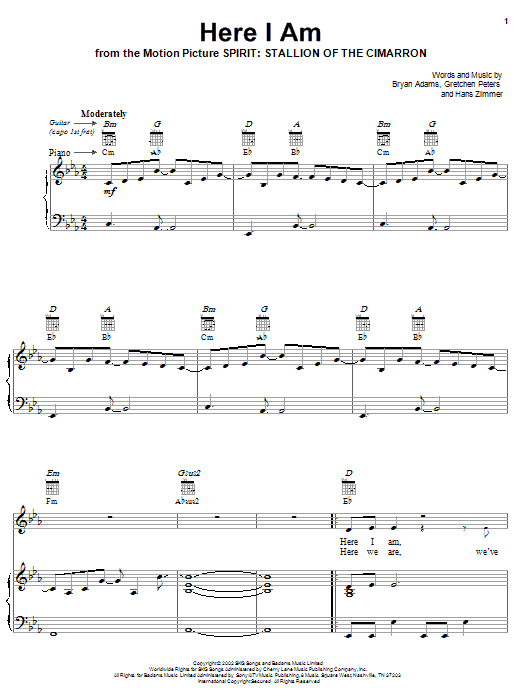 Preview Bryan Adams Here I Am (End Title) Children sheet music, notes and chords for Piano, Vocal & Guitar (Right-Hand Melody), SKU: 21667 sheet music, piano notes, chords, guitar tabs, score, transpose, transcribe, how to play, guide, download, learn, tutorial, progression, song, artist, awards, billboard, mtv, vh1, tour, single, album, release