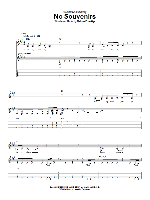 Preview Melissa Etheridge No Souvenirs Pop sheet music, notes and chords for Guitar Tab, SKU: 21669 sheet music, piano notes, chords, guitar tabs, score, transpose, transcribe, how to play, guide, download, learn, tutorial, progression, song, artist, awards, billboard, mtv, vh1, tour, single, album, release