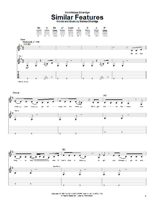 Preview Melissa Etheridge Similar Features Pop sheet music, notes and chords for Guitar Tab, SKU: 21672 sheet music, piano notes, chords, guitar tabs, score, transpose, transcribe, how to play, guide, download, learn, tutorial, progression, song, artist, awards, billboard, mtv, vh1, tour, single, album, release