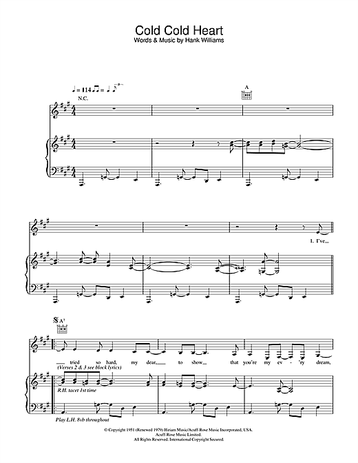 Preview Norah Jones Cold Cold Heart Pop sheet music, notes and chords for Piano, Vocal & Guitar, SKU: 21683 Cold Cold Heart sheet music