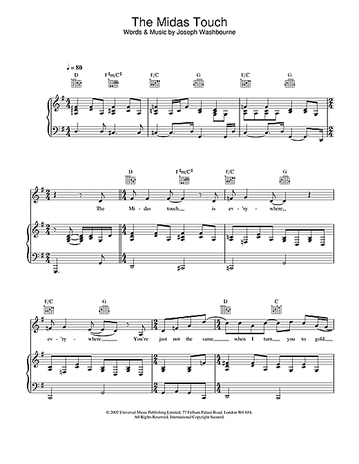 Preview Toploader The Midas Touch Rock sheet music, notes and chords for Piano, Vocal & Guitar, SKU: 21702 sheet music, piano notes, chords, guitar tabs, score, transpose, transcribe, how to play, guide, download, learn, tutorial, progression, song, artist, awards, billboard, mtv, vh1, tour, single, album, release