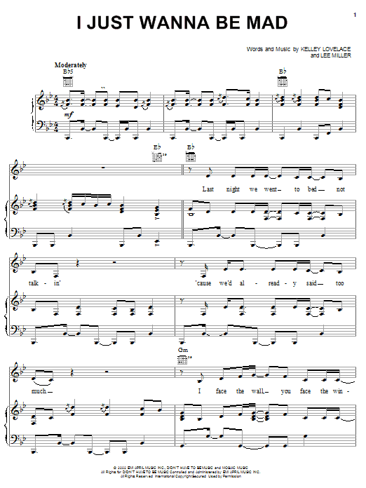 Preview Terri Clark I Just Wanna Be Mad Pop sheet music, notes and chords for Piano, Vocal & Guitar (Right-Hand Melody), SKU: 21708 sheet music, piano notes, chords, guitar tabs, score, transpose, transcribe, how to play, guide, download, learn, tutorial, progression, song, artist, awards, billboard, mtv, vh1, tour, single, album, release