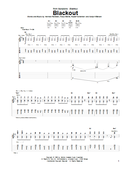Preview Scorpions Blackout Rock sheet music, notes and chords for Guitar Tab, SKU: 21715 sheet music, piano notes, chords, guitar tabs, score, transpose, transcribe, how to play, guide, download, learn, tutorial, progression, song, artist, awards, billboard, mtv, vh1, tour, single, album, release
