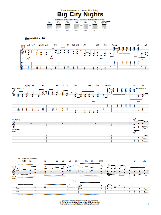 Preview Scorpions Big City Nights Pop sheet music, notes and chords for Guitar Tab, SKU: 21716 sheet music, piano notes, chords, guitar tabs, score, transpose, transcribe, how to play, guide, download, learn, tutorial, progression, song, artist, awards, billboard, mtv, vh1, tour, single, album, release
