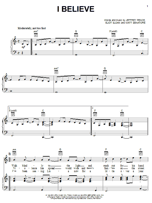 Preview Blessid Union of Souls I Believe R & B sheet music, notes and chords for Piano, Vocal & Guitar (Right-Hand Melody), SKU: 21722 sheet music, piano notes, chords, guitar tabs, score, transpose, transcribe, how to play, guide, download, learn, tutorial, progression, song, artist, awards, billboard, mtv, vh1, tour, single, album, release