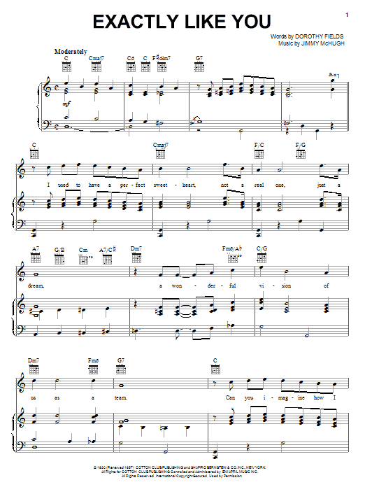 Preview Dorothy Fields Exactly Like You Musicals sheet music, notes and chords for Piano, Vocal & Guitar (Right-Hand Melody), SKU: 21723 sheet music, piano notes, chords, guitar tabs, score, transpose, transcribe, how to play, guide, download, learn, tutorial, progression, song, artist, awards, billboard, mtv, vh1, tour, single, album, release