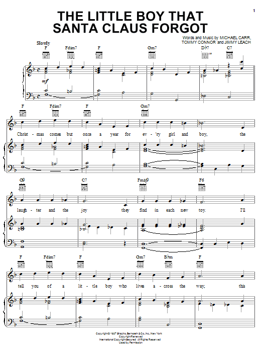 Preview Michael Carr The Little Boy That Santa Claus Forgot Pop sheet music, notes and chords for Piano, Vocal & Guitar (Right-Hand Melody), SKU: 21726 sheet music, piano notes, chords, guitar tabs, score, transpose, transcribe, how to play, guide, download, learn, tutorial, progression, song, artist, awards, billboard, mtv, vh1, tour, single, album, release