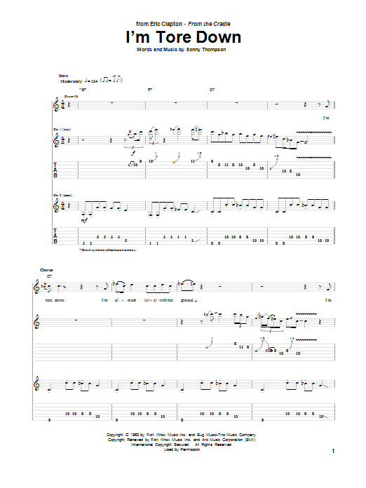 Preview Eric Clapton I'm Tore Down Pop sheet music, notes and chords for Guitar Tab, SKU: 21731 sheet music, piano notes, chords, guitar tabs, score, transpose, transcribe, how to play, guide, download, learn, tutorial, progression, song, artist, awards, billboard, mtv, vh1, tour, single, album, release