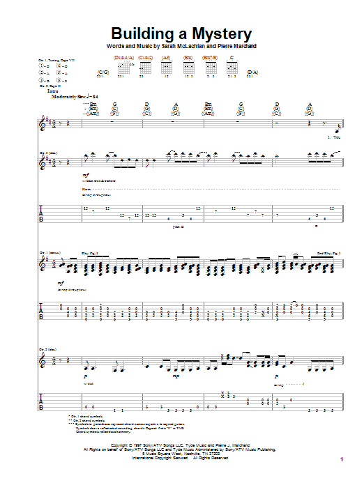 Preview Sarah McLachlan Building A Mystery Rock sheet music, notes and chords for Guitar Tab, SKU: 21734 sheet music, piano notes, chords, guitar tabs, score, transpose, transcribe, how to play, guide, download, learn, tutorial, progression, song, artist, awards, billboard, mtv, vh1, tour, single, album, release