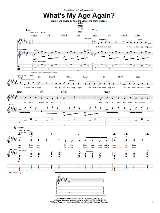 Preview Blink-182 What's My Age Again? Pop sheet music, notes and chords for Guitar Tab, SKU: 21736 sheet music, piano notes, chords, guitar tabs, score, transpose, transcribe, how to play, guide, download, learn, tutorial, progression, song, artist, awards, billboard, mtv, vh1, tour, single, album, release