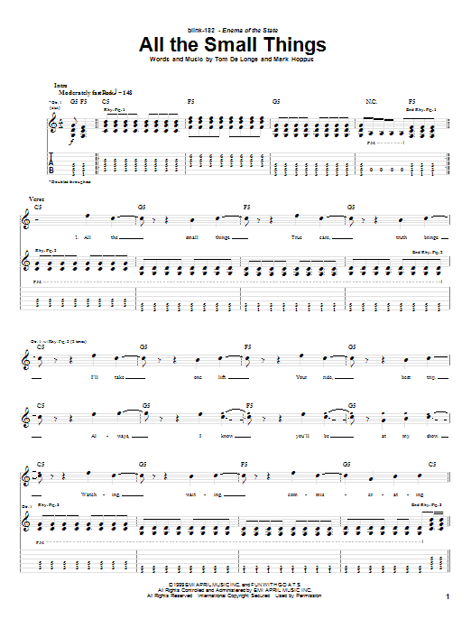 Preview Blink-182 All The Small Things Pop sheet music, notes and chords for Guitar Tab, SKU: 21737 sheet music, piano notes, chords, guitar tabs, score, transpose, transcribe, how to play, guide, download, learn, tutorial, progression, song, artist, awards, billboard, mtv, vh1, tour, single, album, release