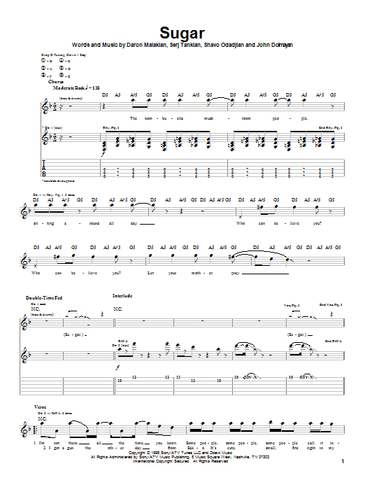 Preview System Of A Down Sugar Metal sheet music, notes and chords for Guitar Tab, SKU: 21739 sheet music, piano notes, chords, guitar tabs, score, transpose, transcribe, how to play, guide, download, learn, tutorial, progression, song, artist, awards, billboard, mtv, vh1, tour, single, album, release