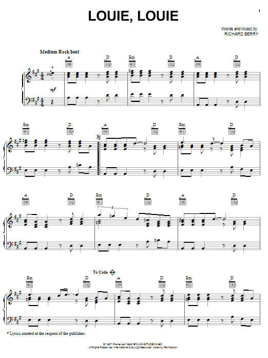 Preview The Kingsmen Louie, Louie Film and TV sheet music, notes and chords for Piano, SKU: 21744 sheet music, piano notes, chords, guitar tabs, score, transpose, transcribe, how to play, guide, download, learn, tutorial, progression, song, artist, awards, billboard, mtv, vh1, tour, single, album, release