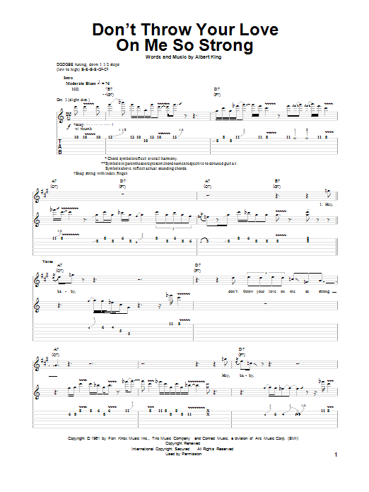 Preview Albert King Don't Throw Your Love On Me So Strong Blues sheet music, notes and chords for Guitar Tab, SKU: 21751 sheet music, piano notes, chords, guitar tabs, score, transpose, transcribe, how to play, guide, download, learn, tutorial, progression, song, artist, awards, billboard, mtv, vh1, tour, single, album, release
