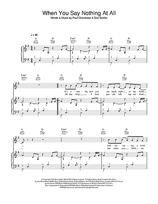 Preview Ronan Keating When You Say Nothing At All Pop sheet music, notes and chords for Piano, Vocal & Guitar, SKU: 21762 sheet music, piano notes, chords, guitar tabs, score, transpose, transcribe, how to play, guide, download, learn, tutorial, progression, song, artist, awards, billboard, mtv, vh1, tour, single, album, release