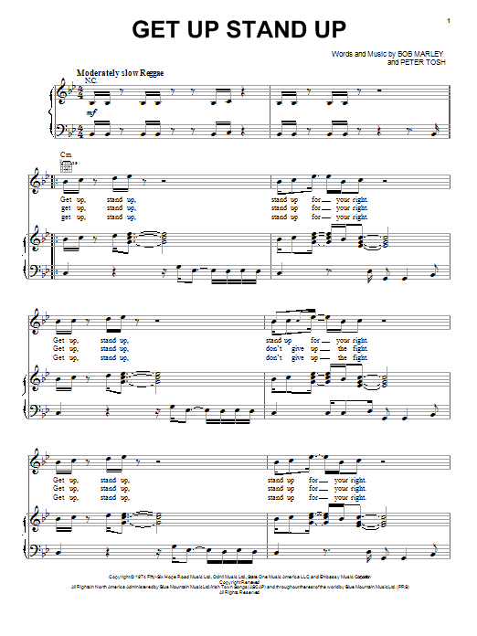 Preview Bob Marley Get Up, Stand Up World sheet music, notes and chords for Piano, Vocal & Guitar (Right-Hand Melody), SKU: 21768 sheet music, piano notes, chords, guitar tabs, score, transpose, transcribe, how to play, guide, download, learn, tutorial, progression, song, artist, awards, billboard, mtv, vh1, tour, single, album, release