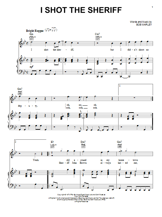 Preview Bob Marley I Shot The Sheriff Pop sheet music, notes and chords for Piano, Vocal & Guitar (Right-Hand Melody), SKU: 21769 sheet music, piano notes, chords, guitar tabs, score, transpose, transcribe, how to play, guide, download, learn, tutorial, progression, song, artist, awards, billboard, mtv, vh1, tour, single, album, release
